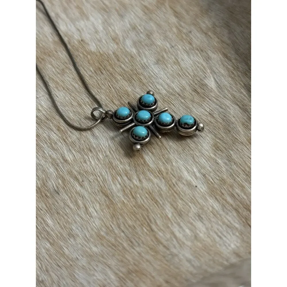 Native American Sterling Silver Turquoise Red Coral Reversible Cross Pendant 925